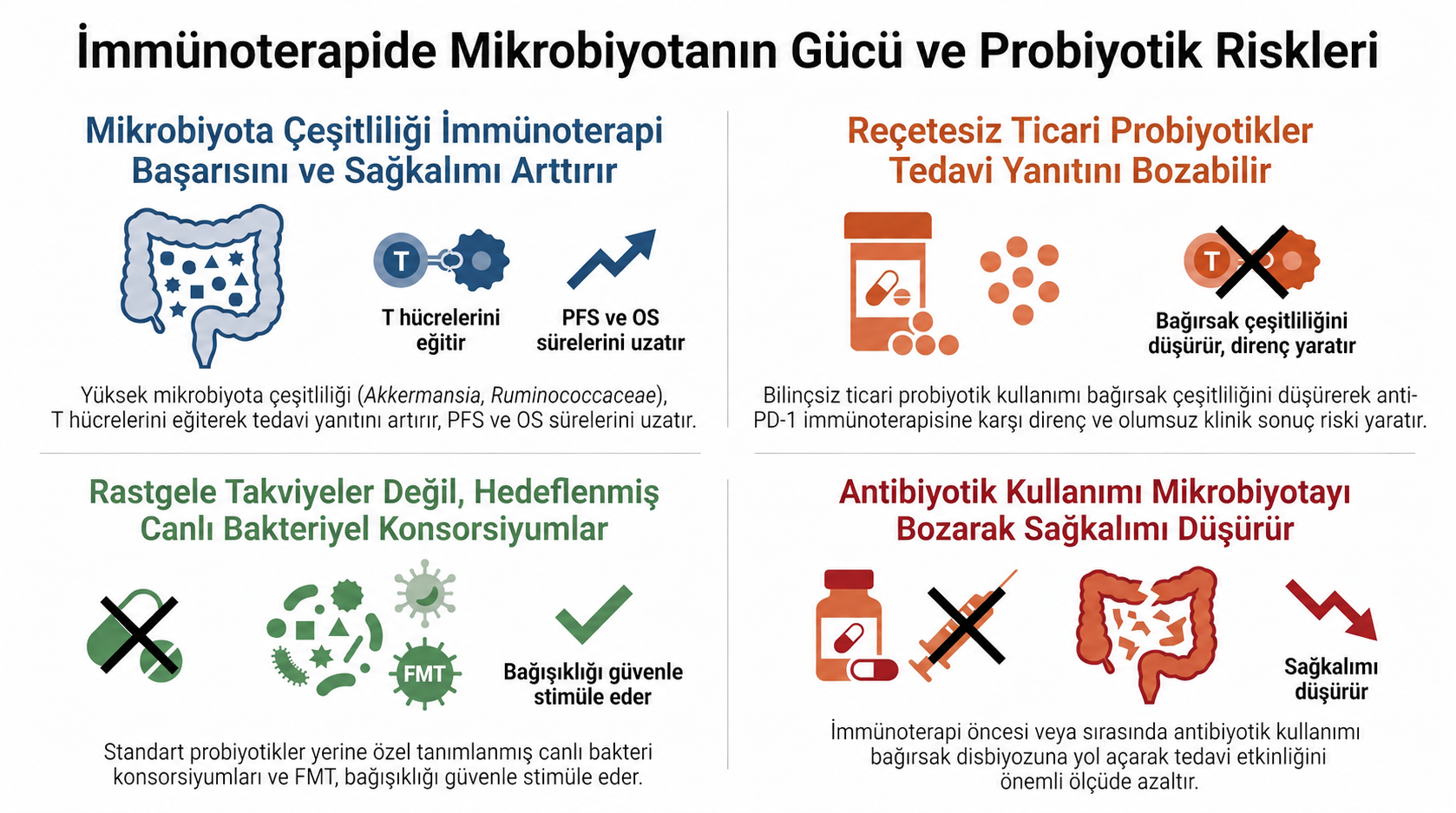 İmmünoterapide mikrobiyota çeşitliliği, probiyotikler, FMT ve antibiyotik kullanımının etkilerini özetleyen bilgilendirme görseli